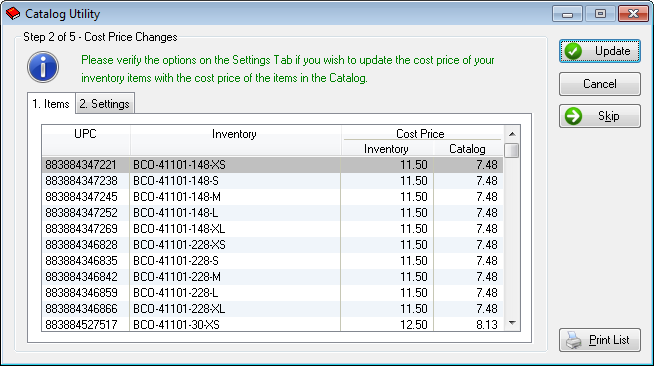 Catalog Utility Cost Change